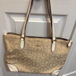 Coach Beige Signature Tote with Chalk Leather Trim